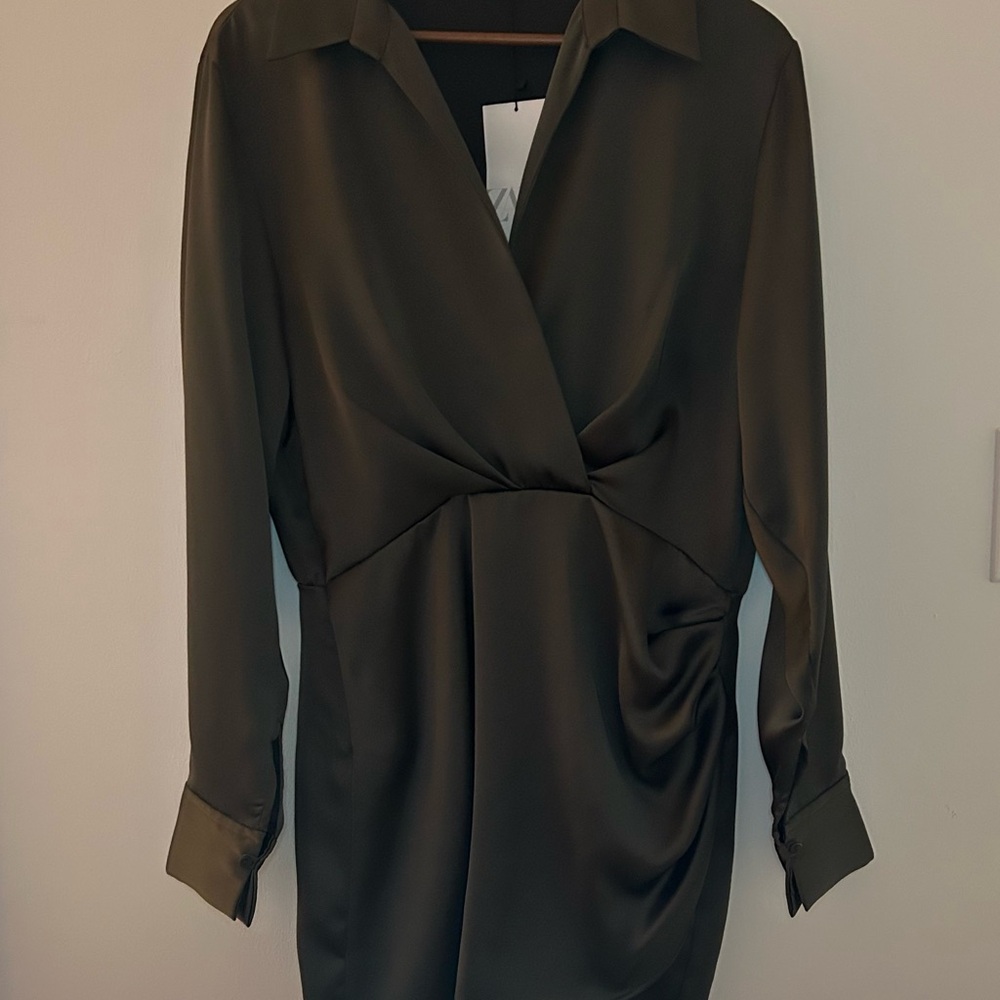 Zara Olive Satin Faux Wrap Long Sleeve Mini Dress - Picture 2 of 14